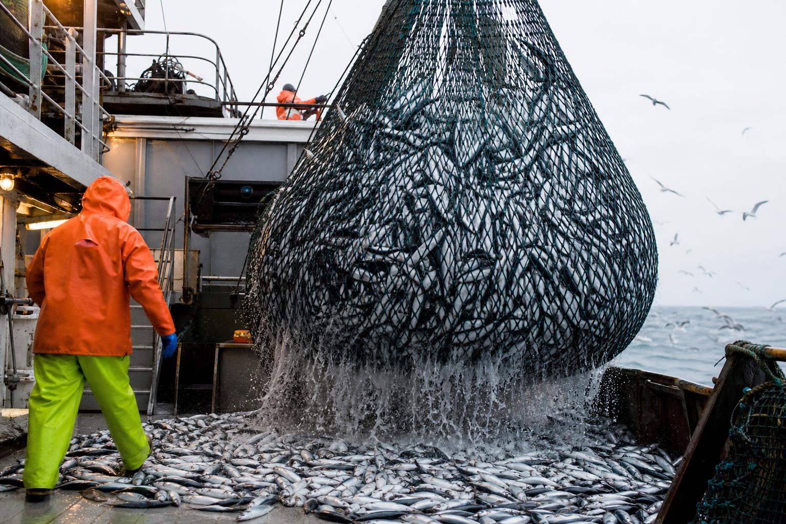 Ein industrieller Trawler, der ein riesiges Netz einholt