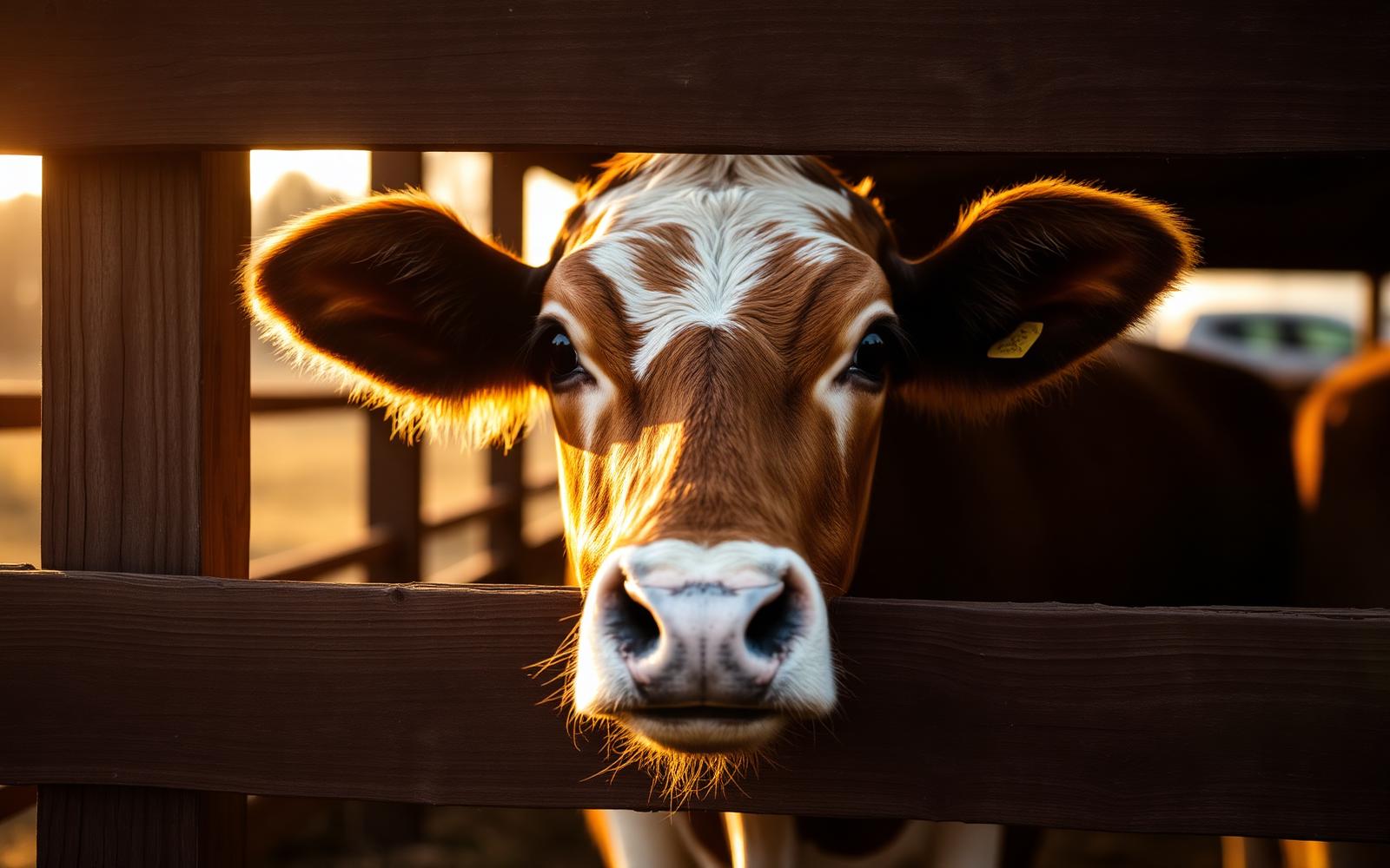 Documentary portrait of a dairy cow at a fence at golden hour